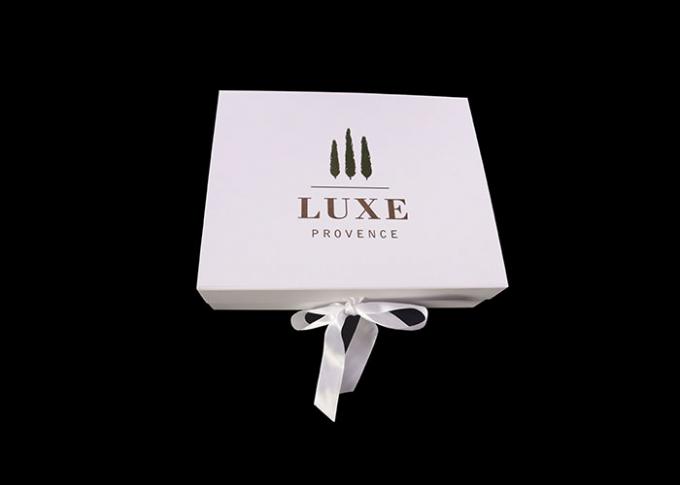 Cover Lamination Retail Folding Gift Boxes Retail White Ribbon Rose Gold Logo