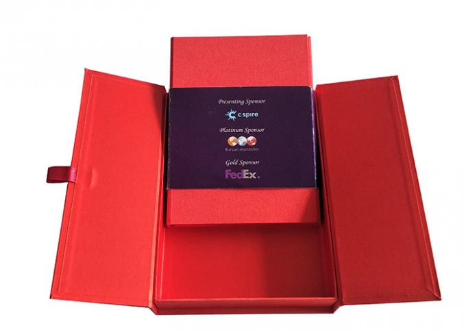 Cap Top Red Book Shaped Box , Magnetic Flap Box With 2cm Width Satin Tape