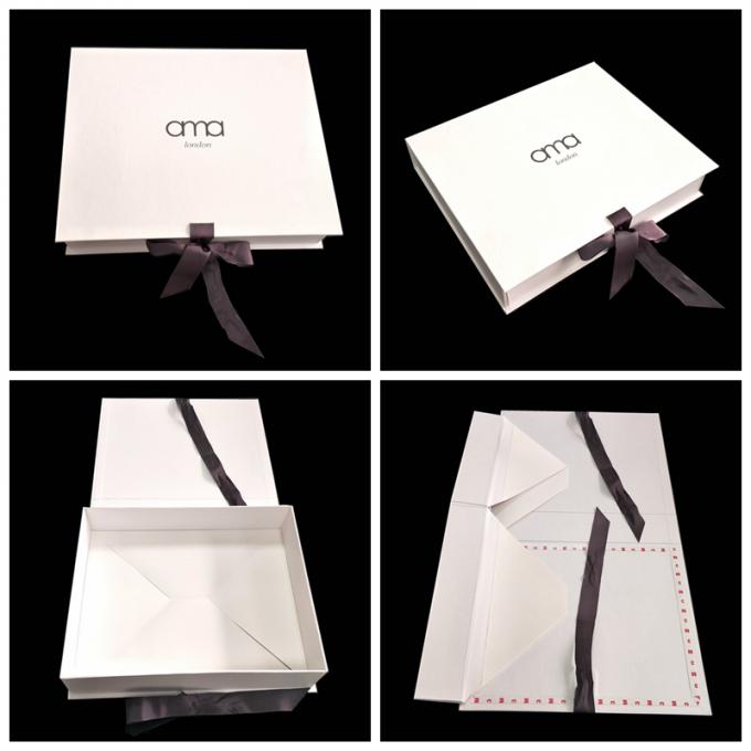 White Foldable Paperboard Apparel Packaging Box With Ribbon Closure