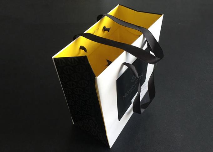 Ribbon Handle Gift Printed Paper Bags Carry White Black Inside Yellow Greaseproof