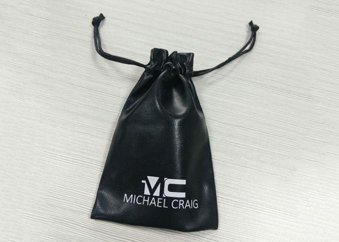 Black Leathery Drawstring Jewelry Bags , Suede Drawstring Pouch Screen Printing Logo