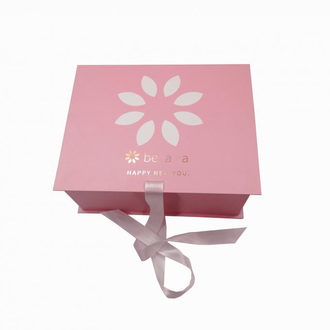 Pink Cardboard Cosmetic Packaging Foldable Gift Boxes Ribbon Closure For Skin Care