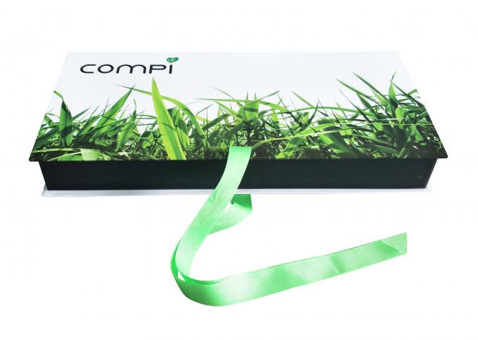 Recycled Green Folding Cardboard Presentation Boxes Custom Spot UV Logo With Ribbon
