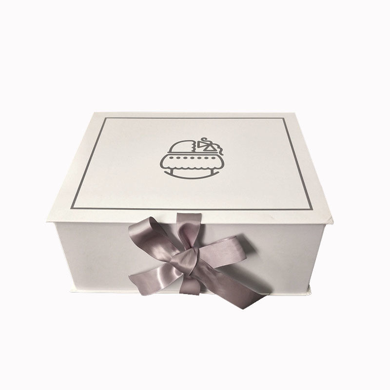 Matte White Printed Logo Rigid Paper Gift Box Baby Gift Packaging With Ribbon Closure supplier