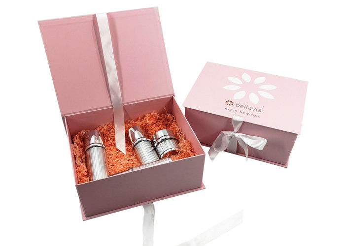Pink Cardboard Cosmetic Packaging Foldable Gift Boxes Ribbon Closure For Skin Care supplier