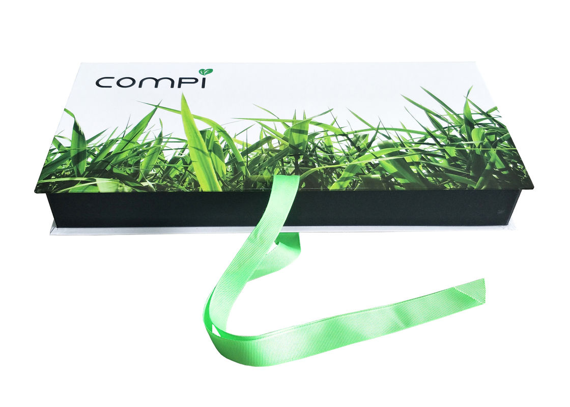 Recycled Green Folding Cardboard Presentation Boxes Custom Spot UV Logo With Ribbon supplier
