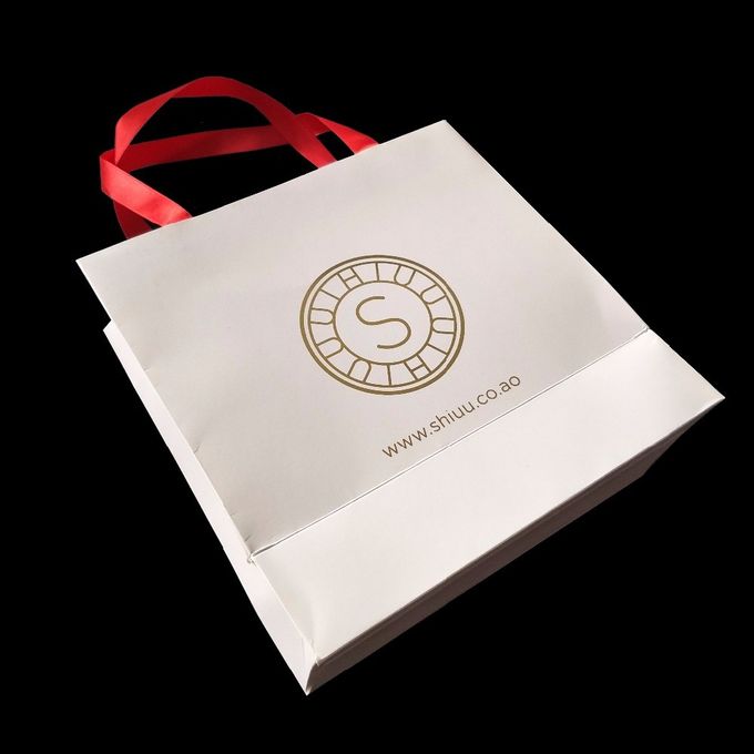 White 300 Gsm Matte Paper Shopping Bags Matte Lamination With Ribbon Handle