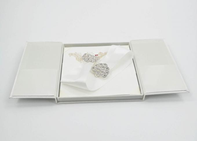 Elegant White Silk Cardboard Present Gift Box Wedding Invitation With Bow / Buckle