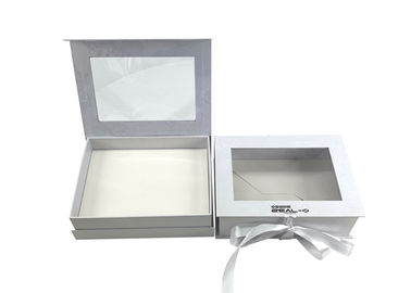 China Clear PVC Window Foldable Gift Boxes Embossing / Hot Stamping Surface With Ribbon Closure factory