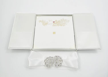 Elegant White Silk Cardboard Present Gift Box Wedding Invitation With Bow / Buckle supplier