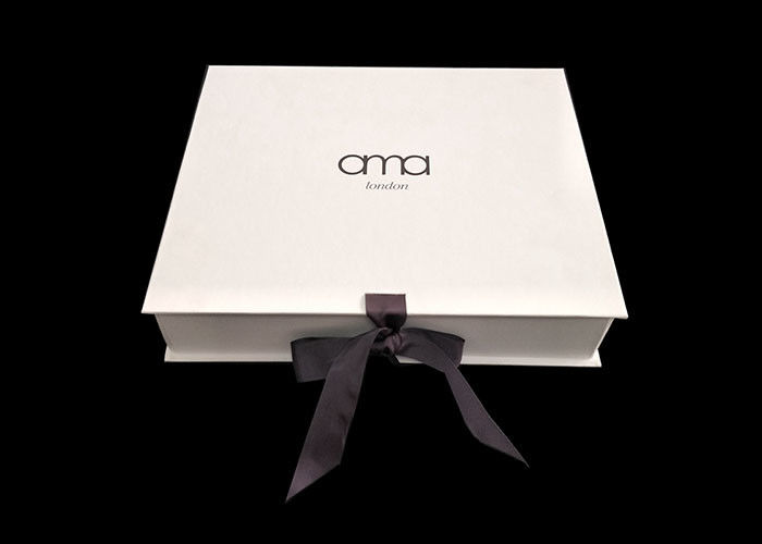 White Foldable Paperboard Apparel Packaging Box With Ribbon Closure supplier