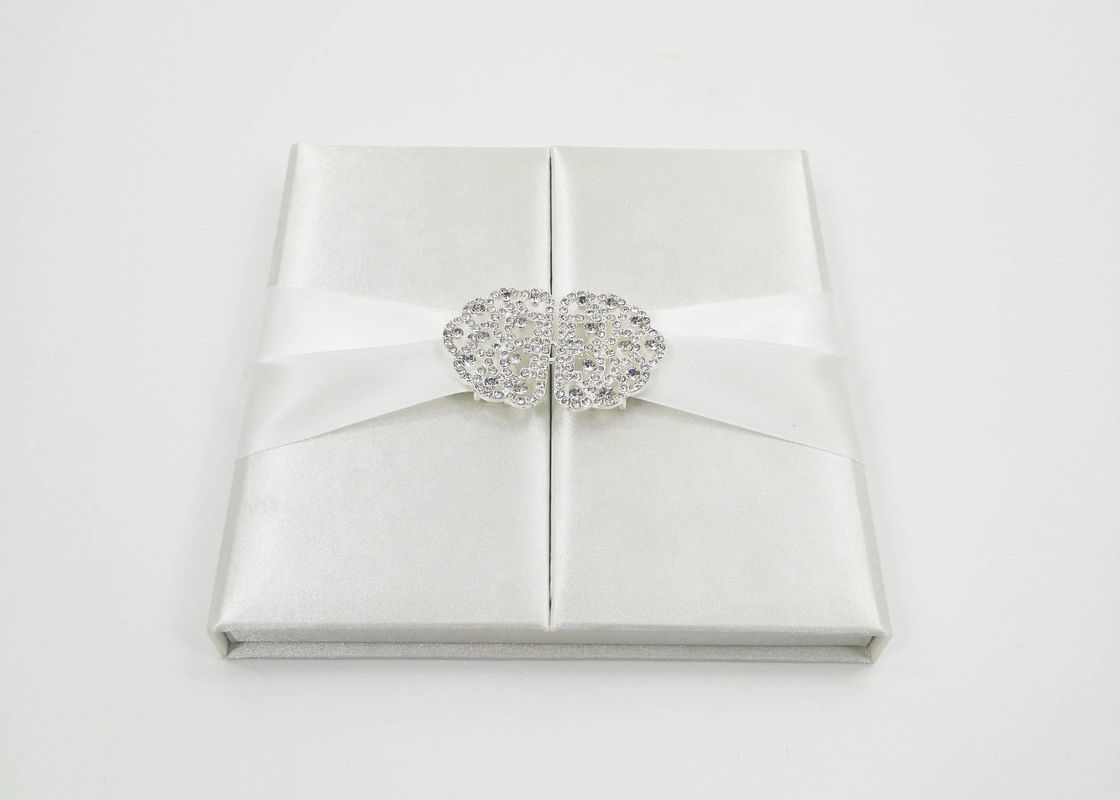 Elegant White Silk Cardboard Present Gift Box Wedding Invitation With Bow / Buckle supplier